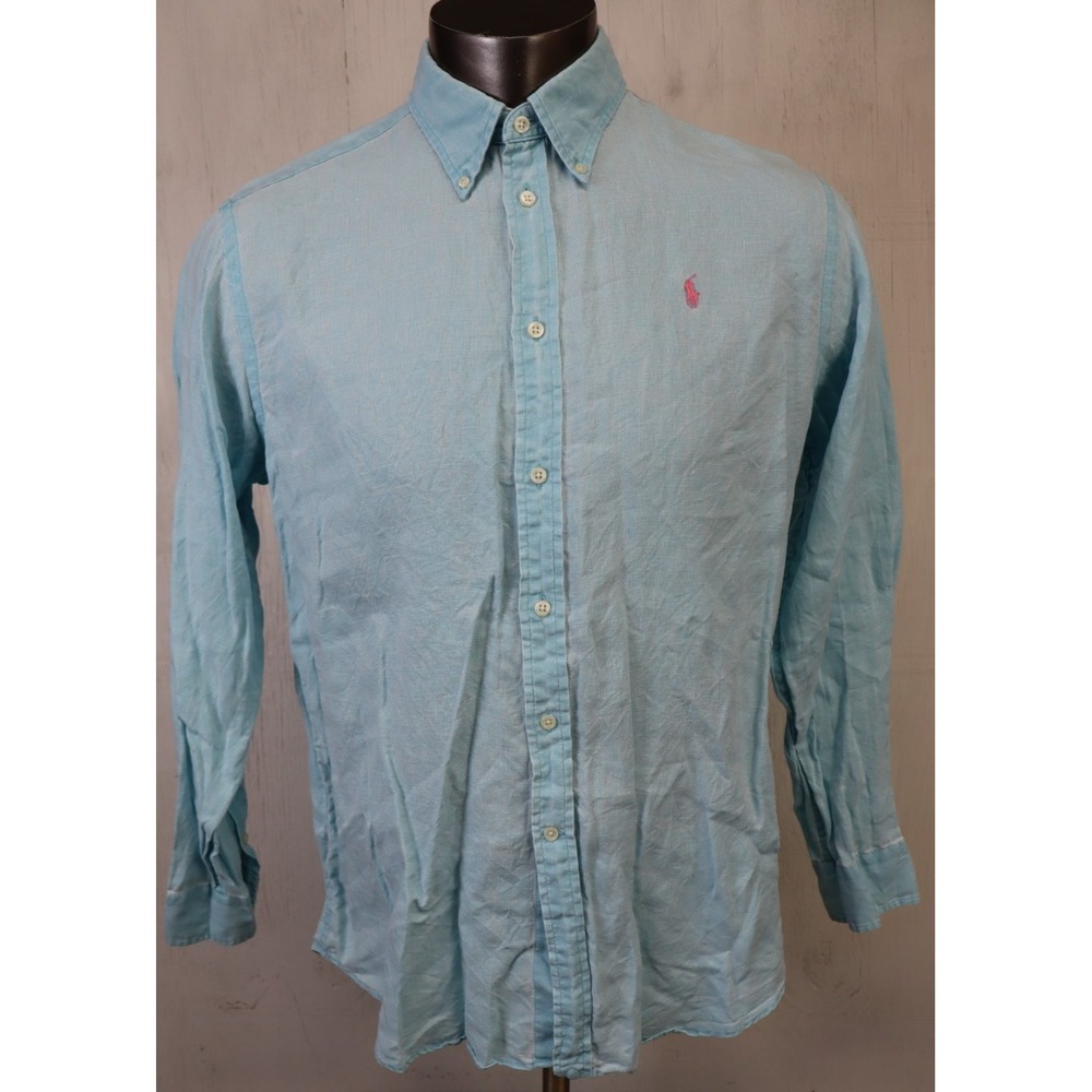 Polo Ralph Lauren Button Front Shirt Mens Size XL Linen Blue Solid Long Sleeve